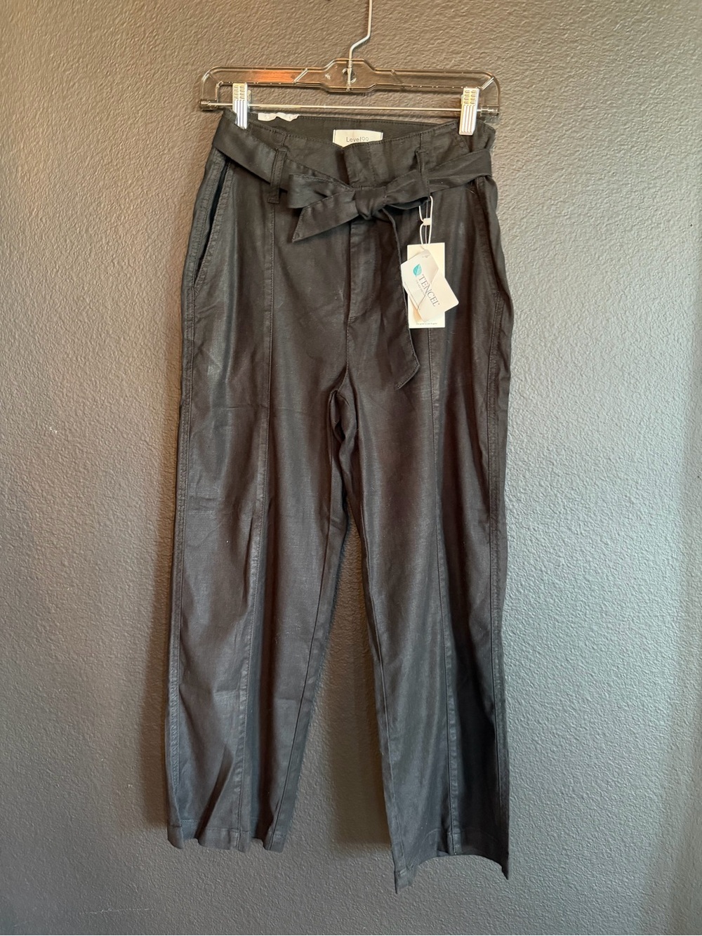 Level 99 NWT TencelWomen's Black Paperbag Waist Wide Leg Pants w/Self-Tie Sz 27